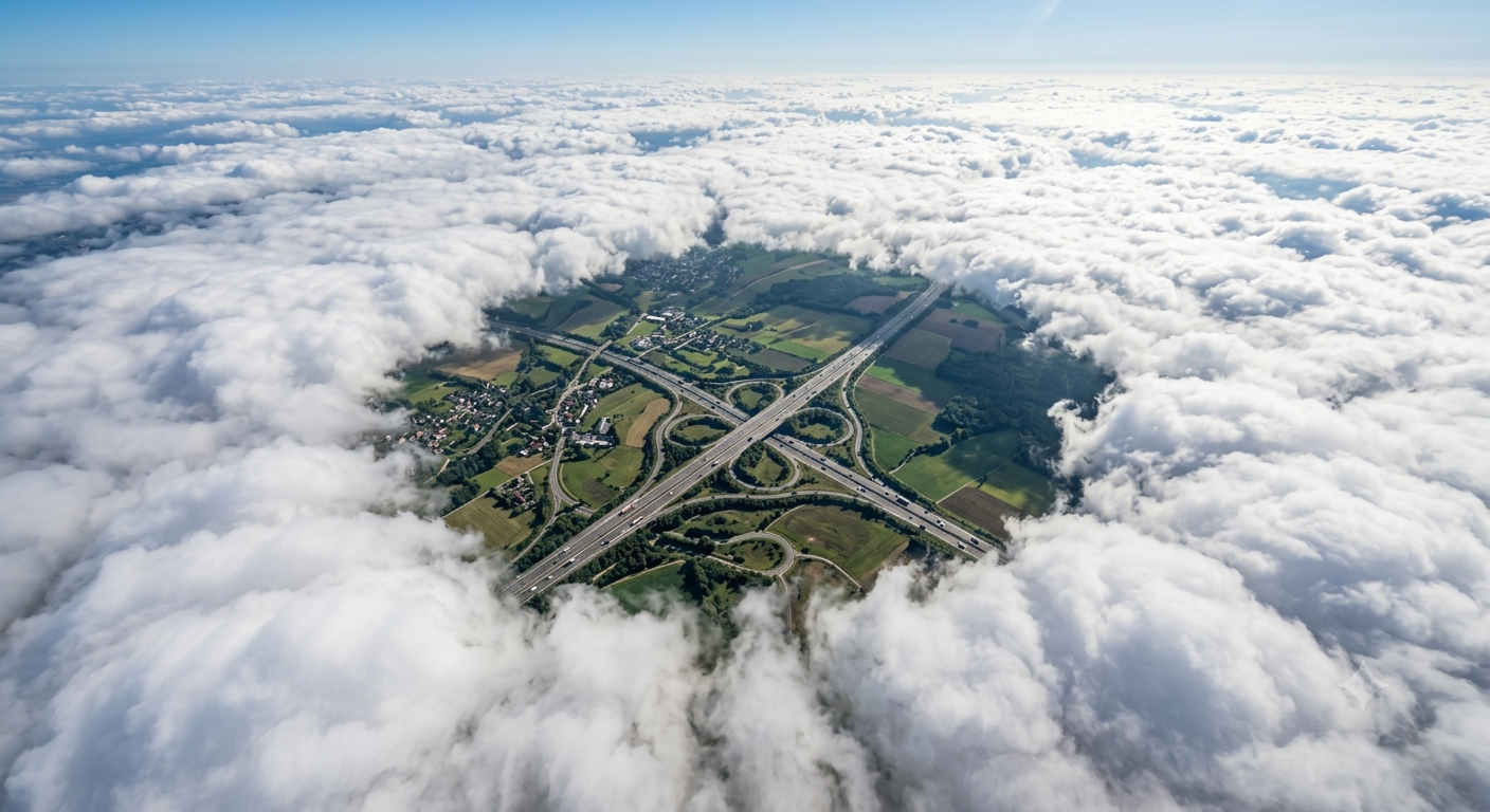 Luftaufnahme eines Autobahnkreuzes, das durch ein Loch in einer geschlossenen Wolkendecke sichtbar wird — die gebaute Infrastruktur, von oben, isoliert.