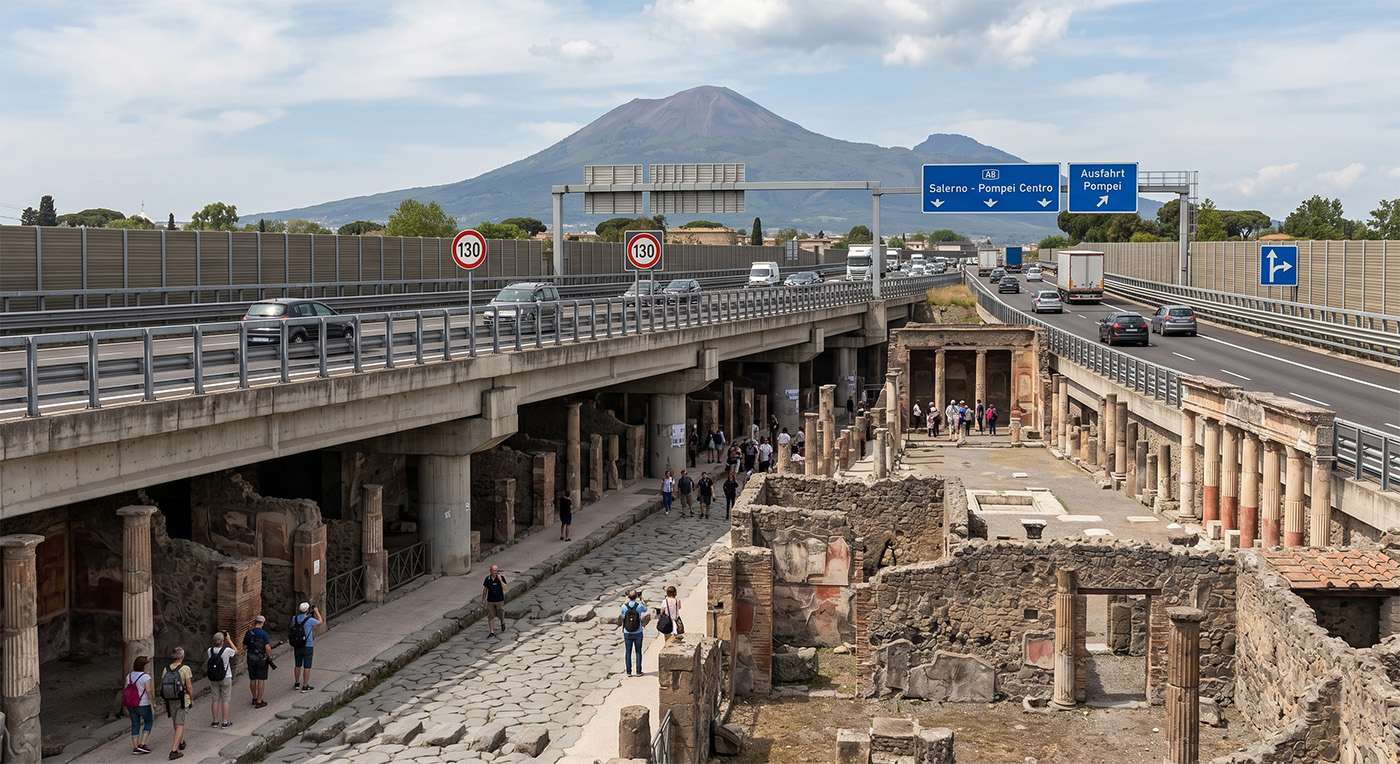 Eine moderne Autobahn auf Stelzen verläuft direkt über den freigelegten Ruinen Pompejis — antike Säulen und Straßen darunter, der Vesuv im Hintergrund.